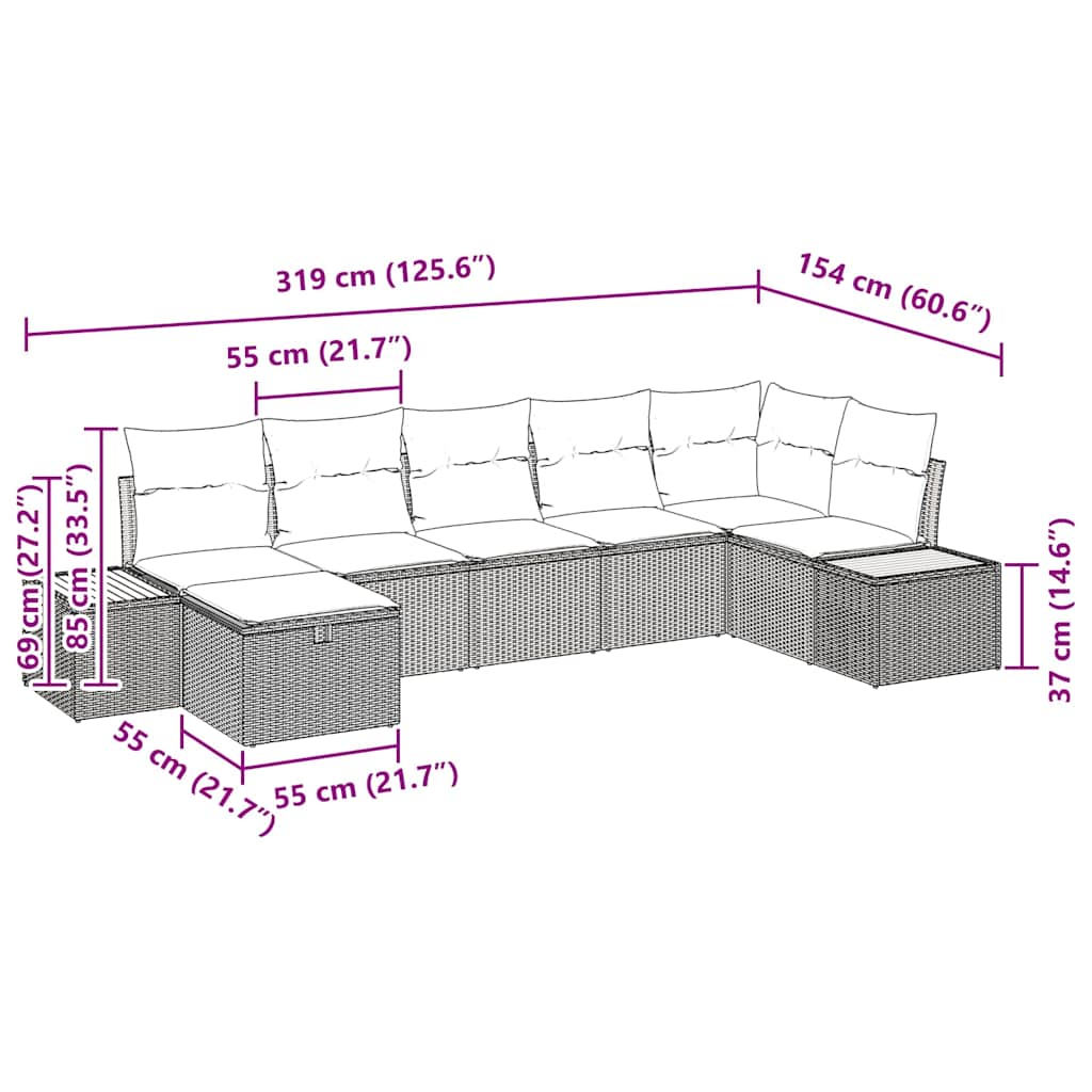 Gartensofa-set mit Kissen 7 pcs Beige Poly-Rattan