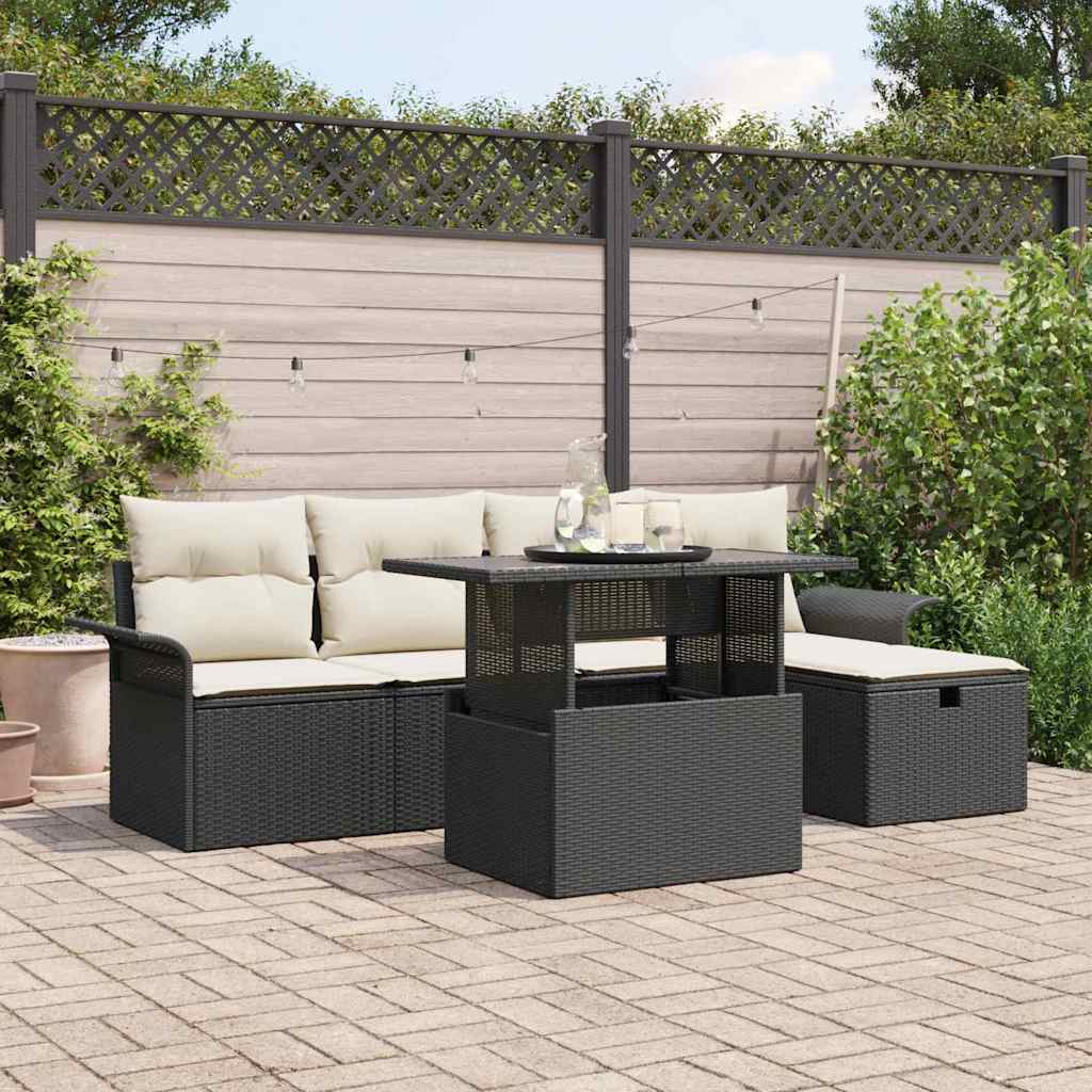 Gartensofa-set mit Kissen 6 pcs Schwarz Poly-Rattan