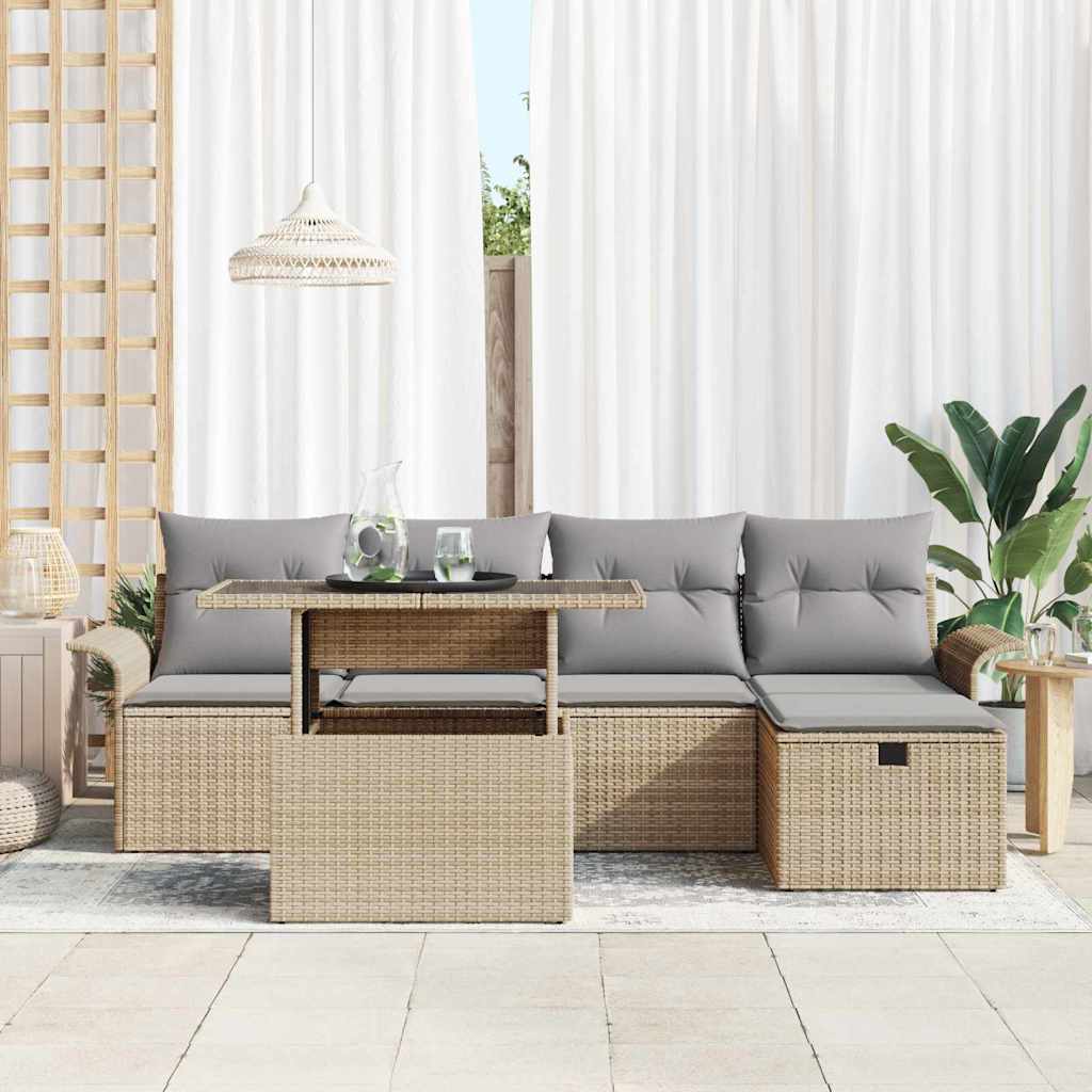 Gartensofa-set mit Kissen mit Speicher 6 pcs Beige Poly-Rattan