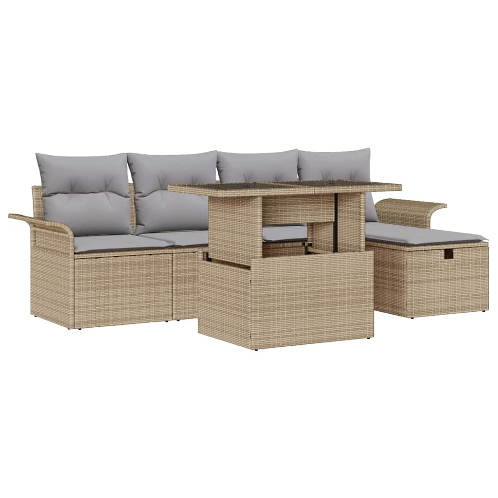 Gartensofa-set mit Kissen mit Speicher 6 pcs Beige Poly-Rattan