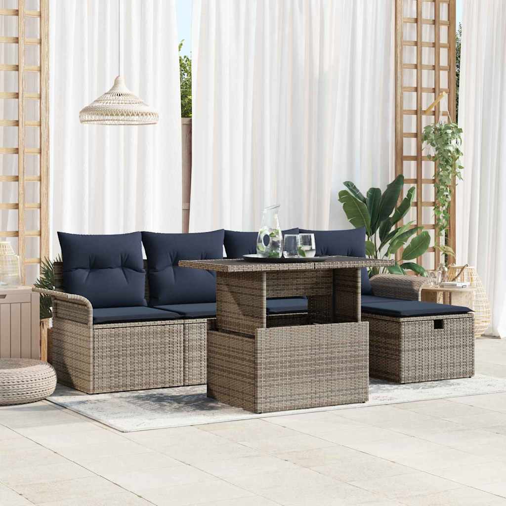Gartensofa-set mit Kissen mit Speicher 6 pcs Grau Poly-Rattan