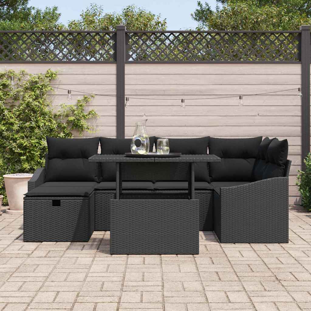 Garten-Sofa-Set mit Kissen 7 pcs Schwarz Poly Rattan
