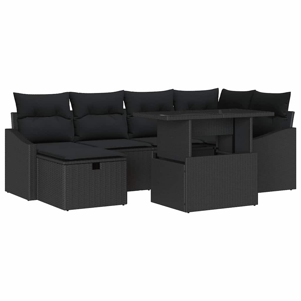 Garten-Sofa-Set mit Kissen 7 pcs Schwarz Poly Rattan