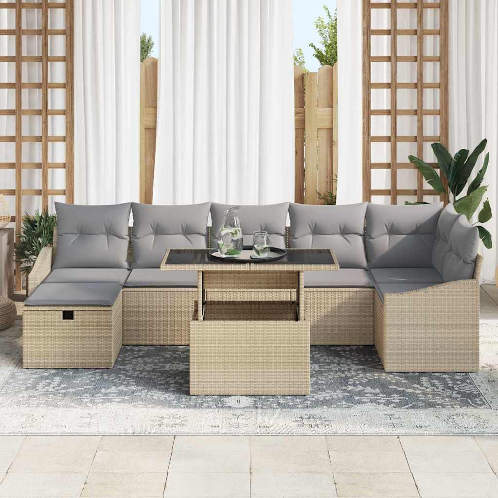 Garten-Sofa-Set mit Kissen mit Speicher 8 pcs Beige Poly Rattan