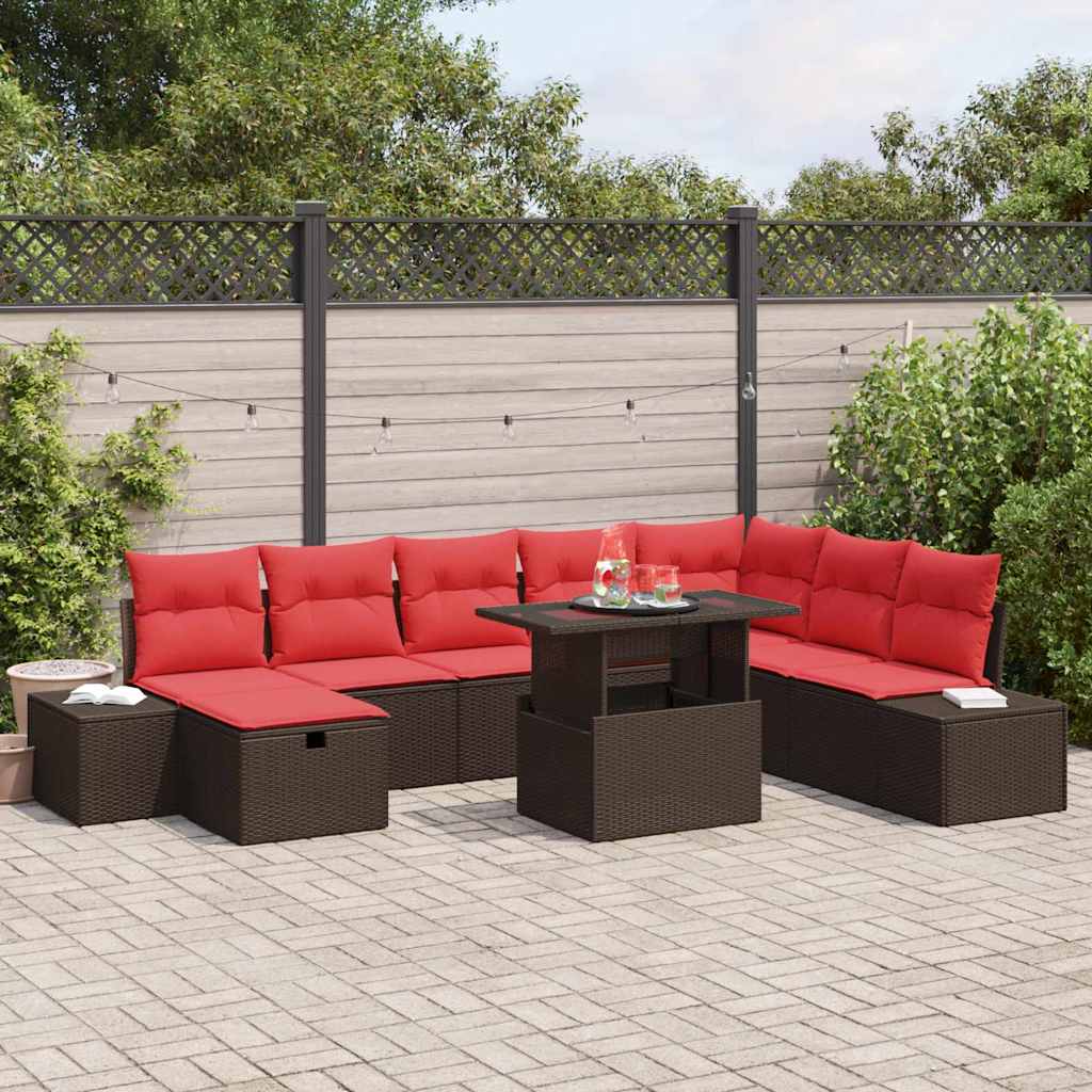 Garten-Sofa-Set mit Kissen mit Speicher 9 pcs Braun Poly Rattan