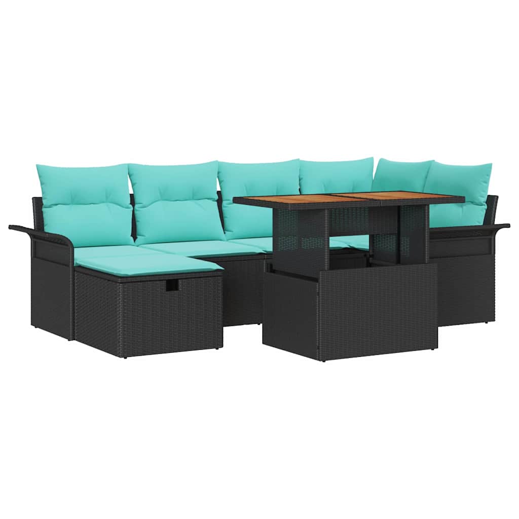 Gartensofa-set mit Kissen 7 pcs Schwarz Poly-Rattan