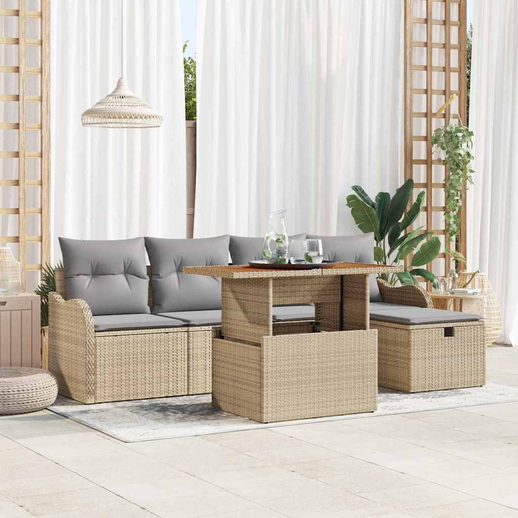 Gartensofa-set mit Kissen mit Speicher 6 pcs Beige Poly-Rattan
