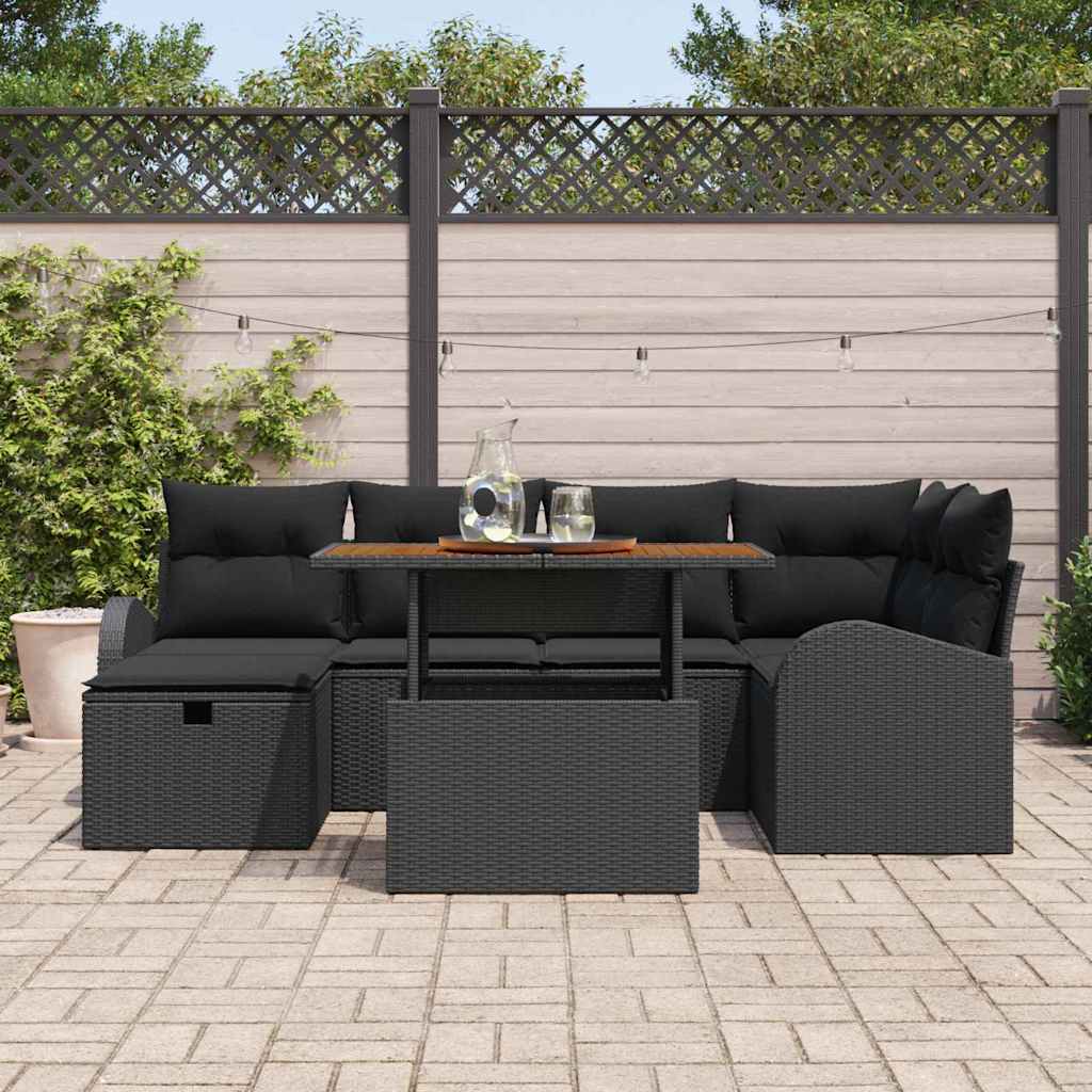 Gartensofa-set mit Kissen 7 pcs Schwarz Poly-Rattan