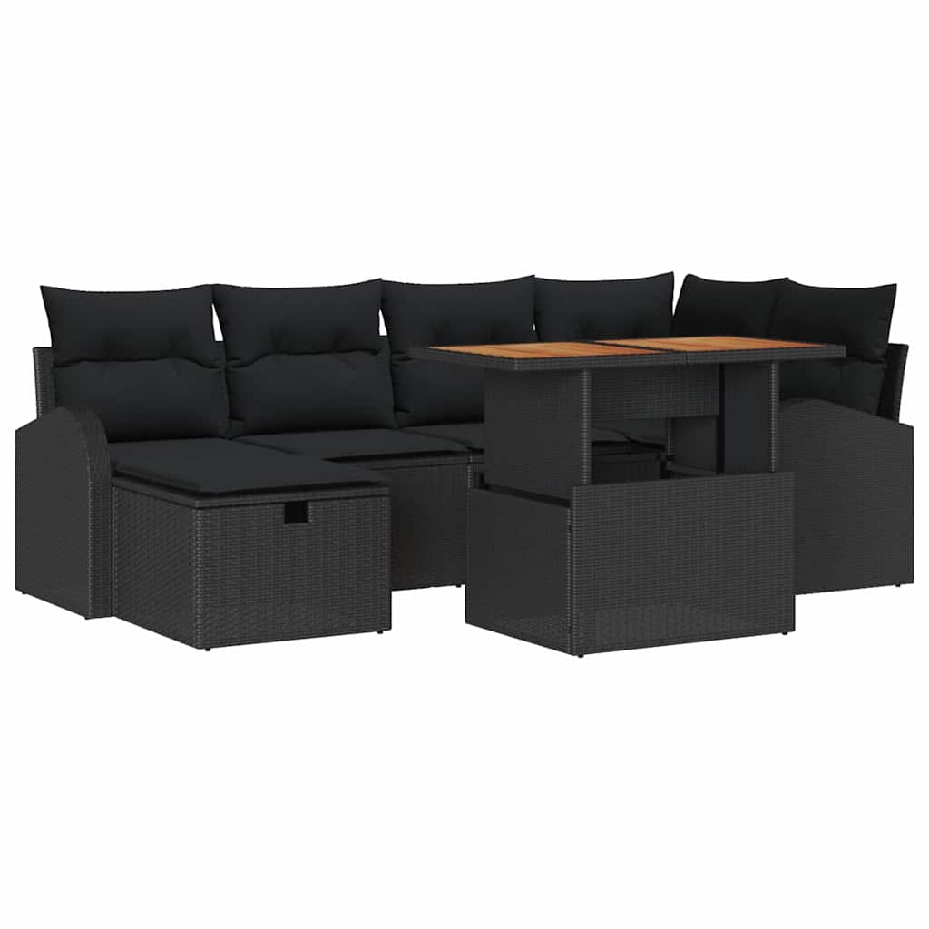 Gartensofa-set mit Kissen 7 pcs Schwarz Poly-Rattan