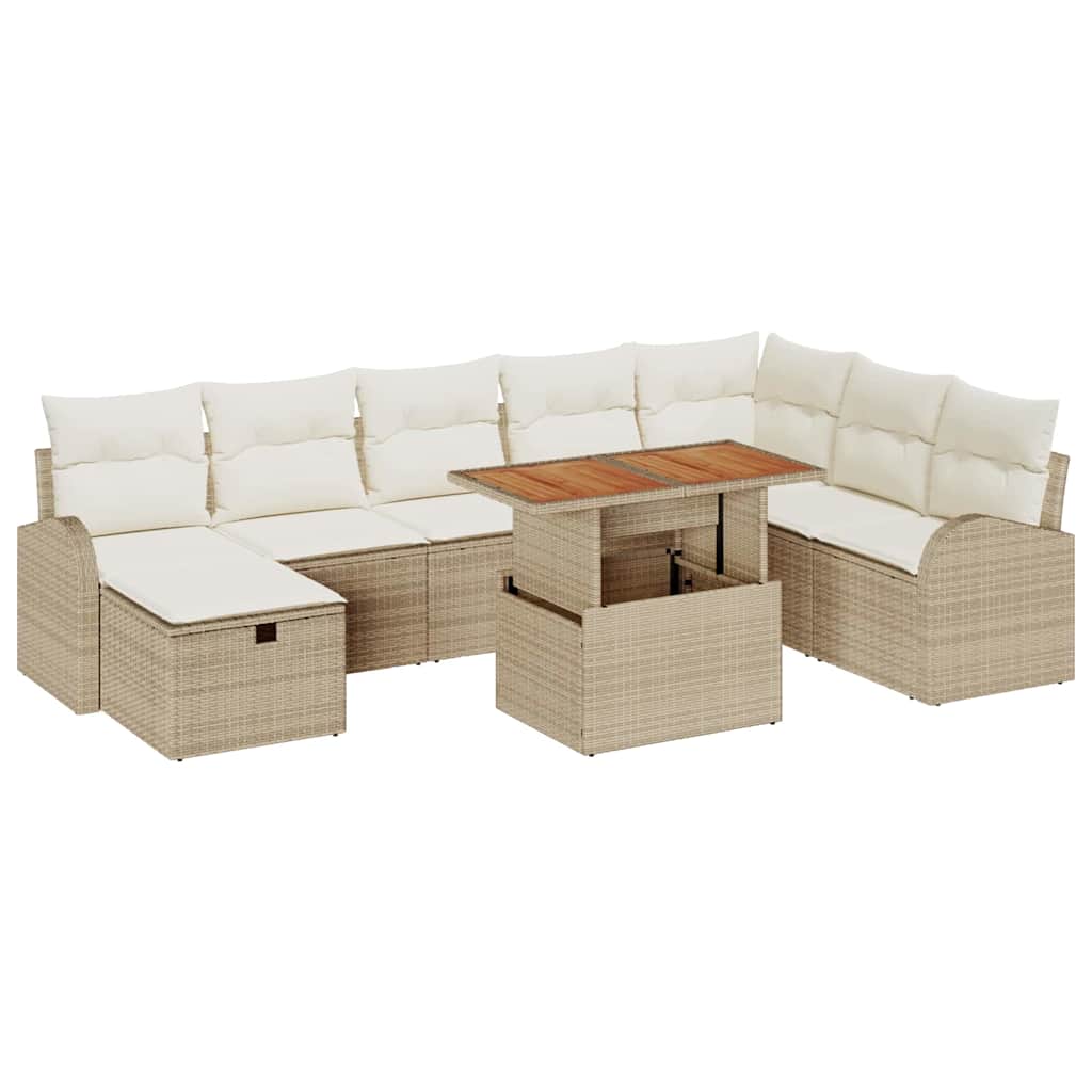 Gartensofa-set mit Kissen mit Speicher 9 pcs Beige Poly-Rattan