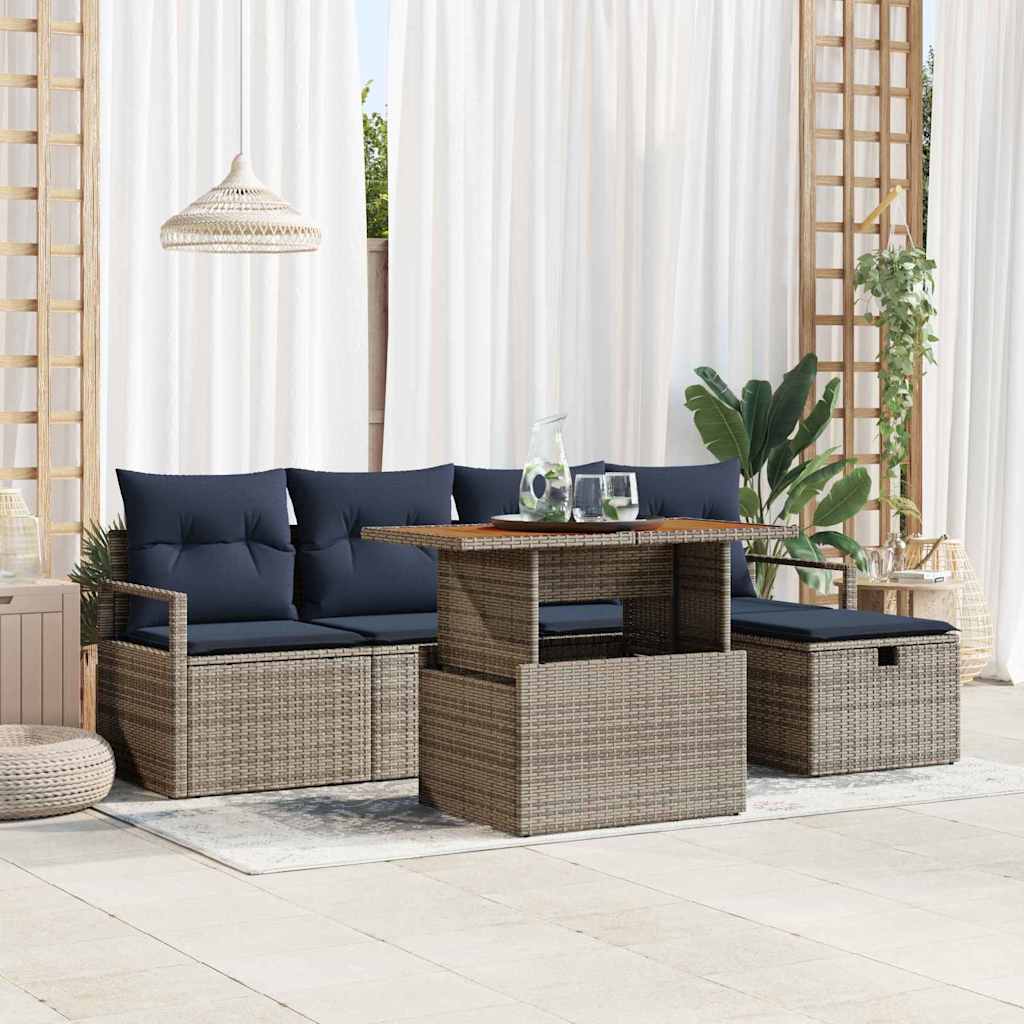 Gartensofa-set mit Kissen mit Speicher 6 pcs Grau Poly-Rattan