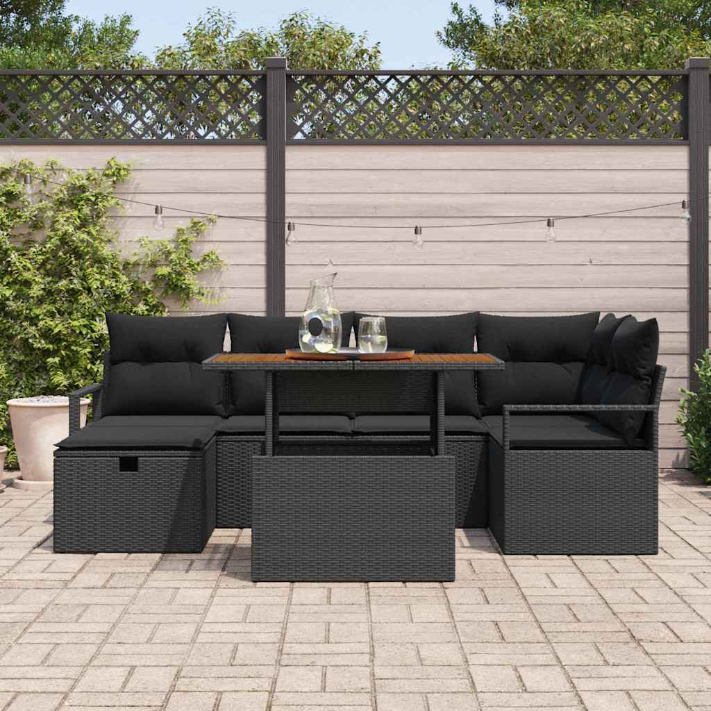 Gartensofa-set mit Kissen 7 pcs Schwarz Poly-Rattan