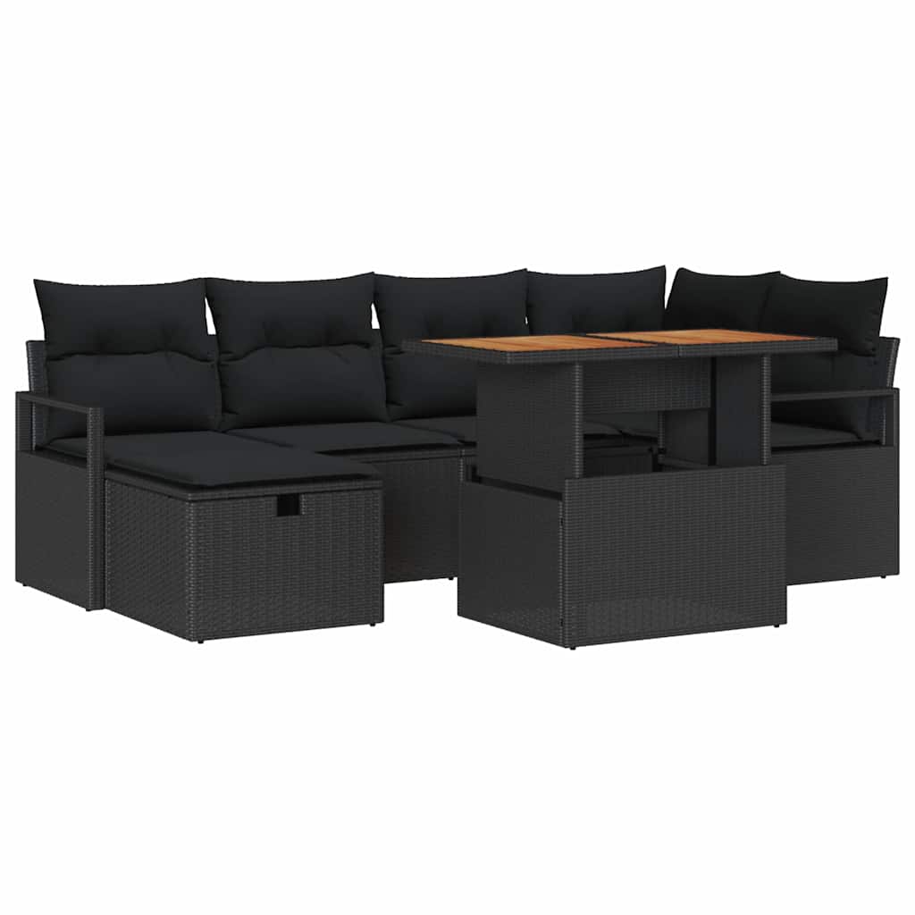 Gartensofa-set mit Kissen 7 pcs Schwarz Poly-Rattan
