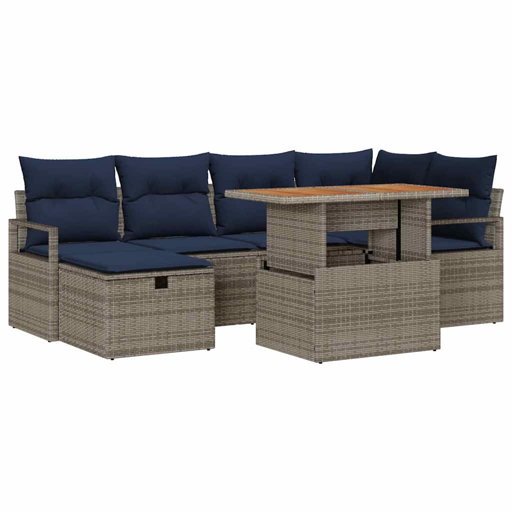 Gartensofa-set mit Kissen mit Speicher 7 pcs Grau Poly-Rattan