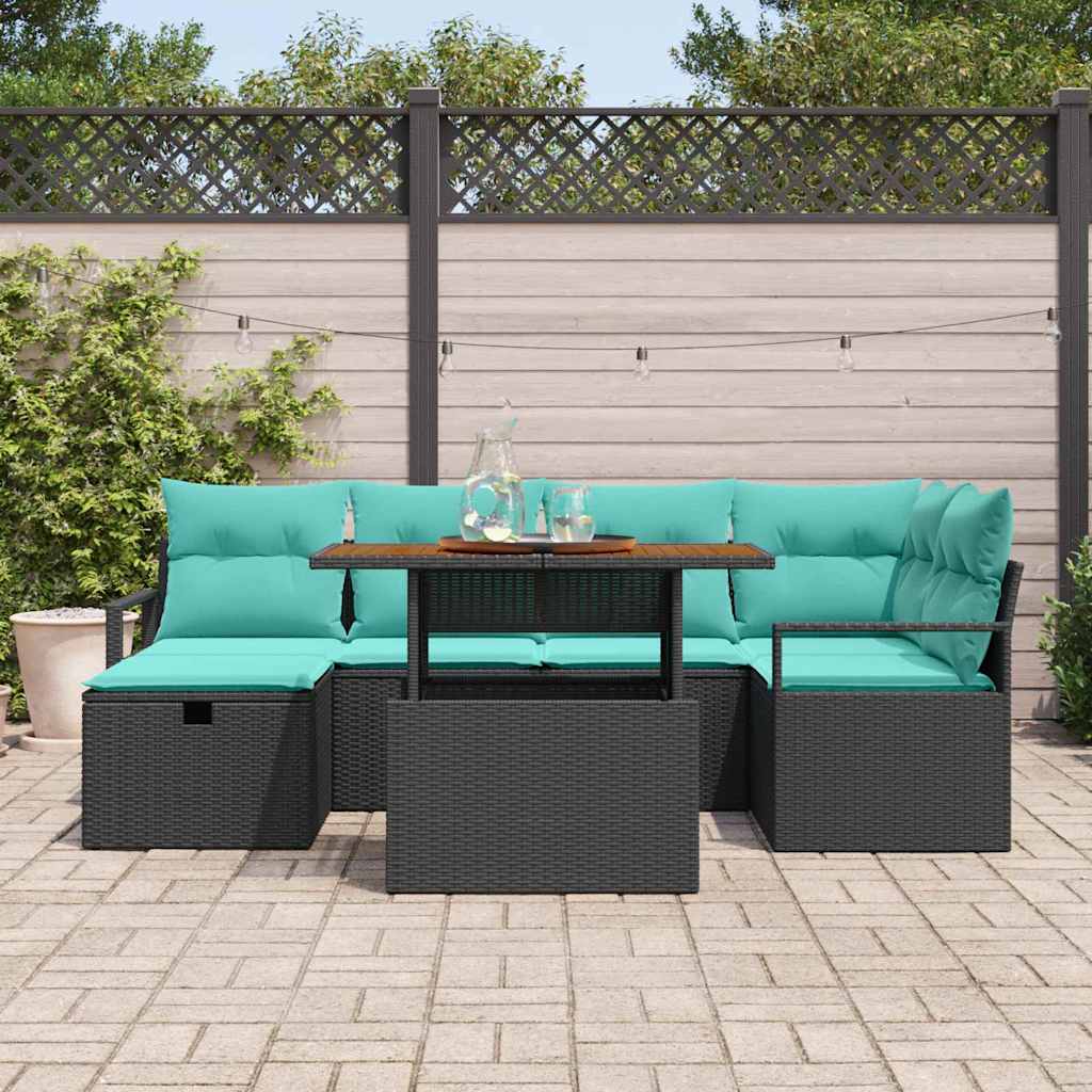 Gartensofa-set mit Kissen 7 pcs Schwarz Poly-Rattan