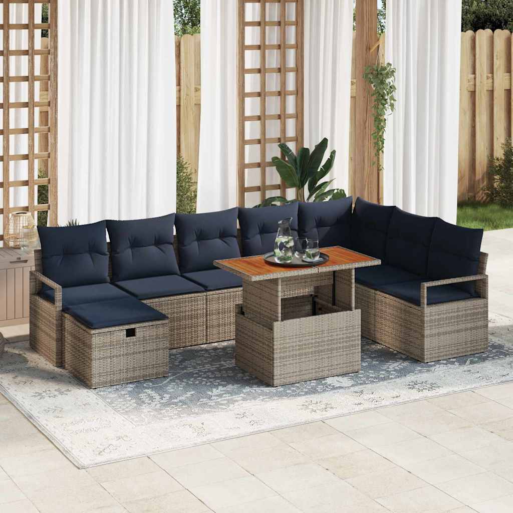 Gartensofa-set mit Kissen mit Speicher 9 pcs Grau Poly-Rattan