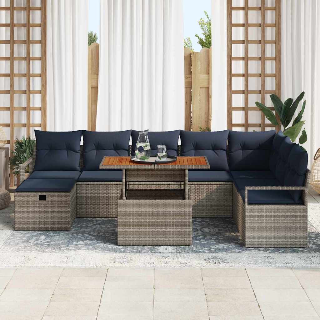 Gartensofa-set mit Kissen mit Speicher 9 pcs Grau Poly-Rattan