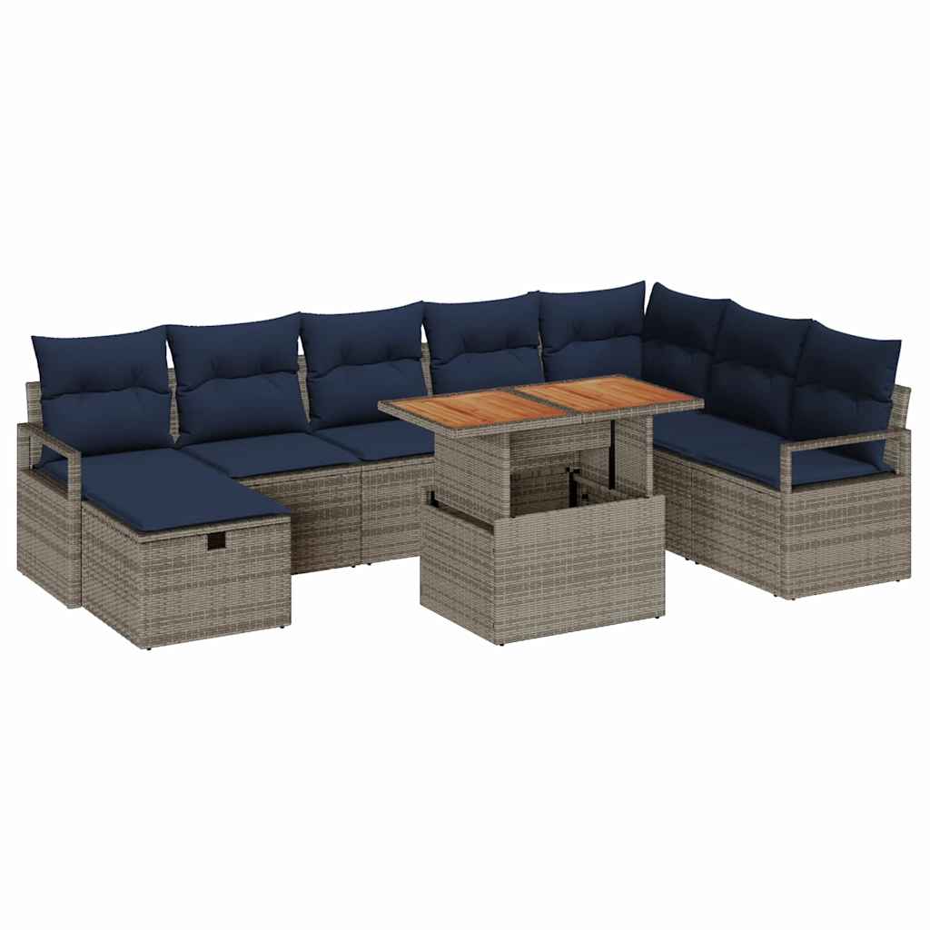 Gartensofa-set mit Kissen mit Speicher 9 pcs Grau Poly-Rattan