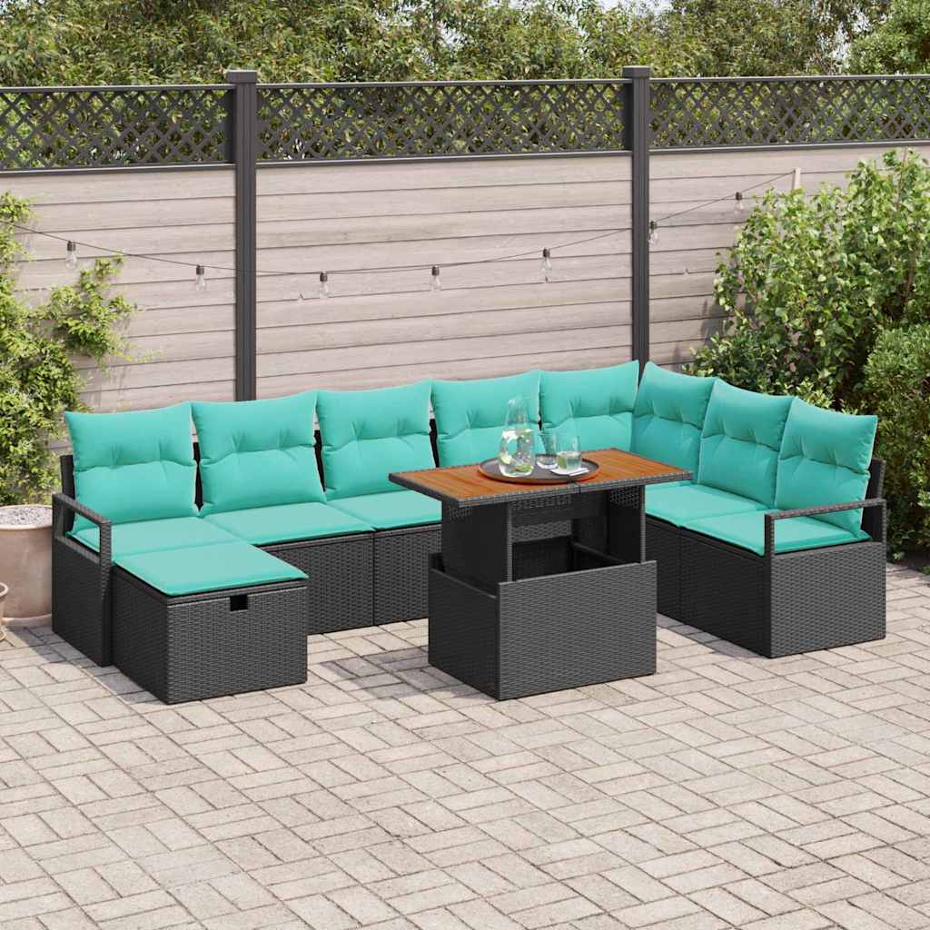 Gartensofa-set mit Kissen 9 pcs Schwarz Poly-Rattan