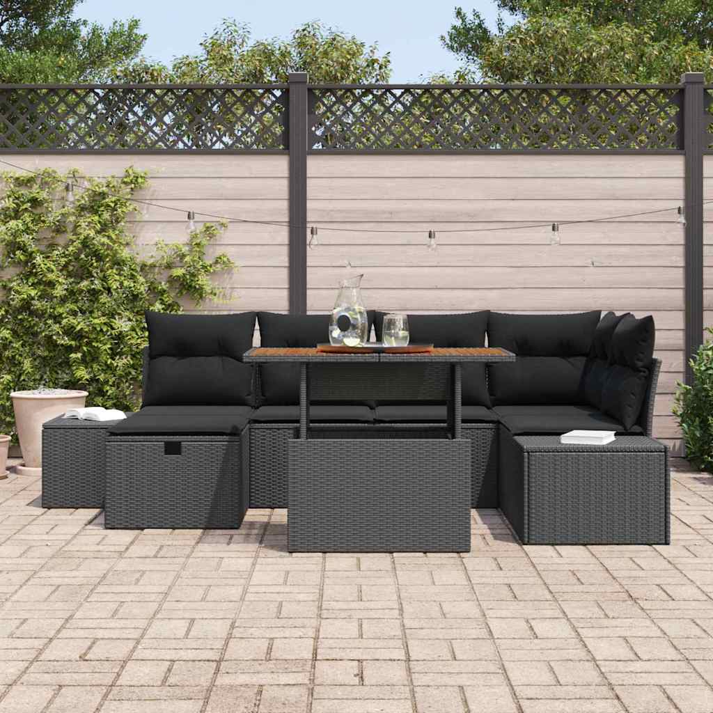 Gartensofa-set mit Kissen 7 pcs Schwarz Poly-Rattan