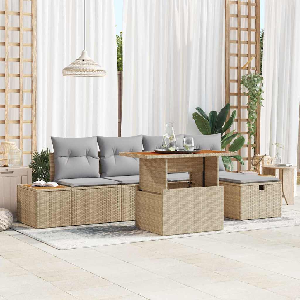 Gartensofa-set mit Kissen mit Speicher 6 pcs Beige Poly-Rattan