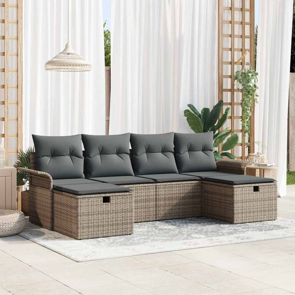 Garten-Sofa-Set mit Kissen mit Speicher 6 pcs Grau Poly Rattan