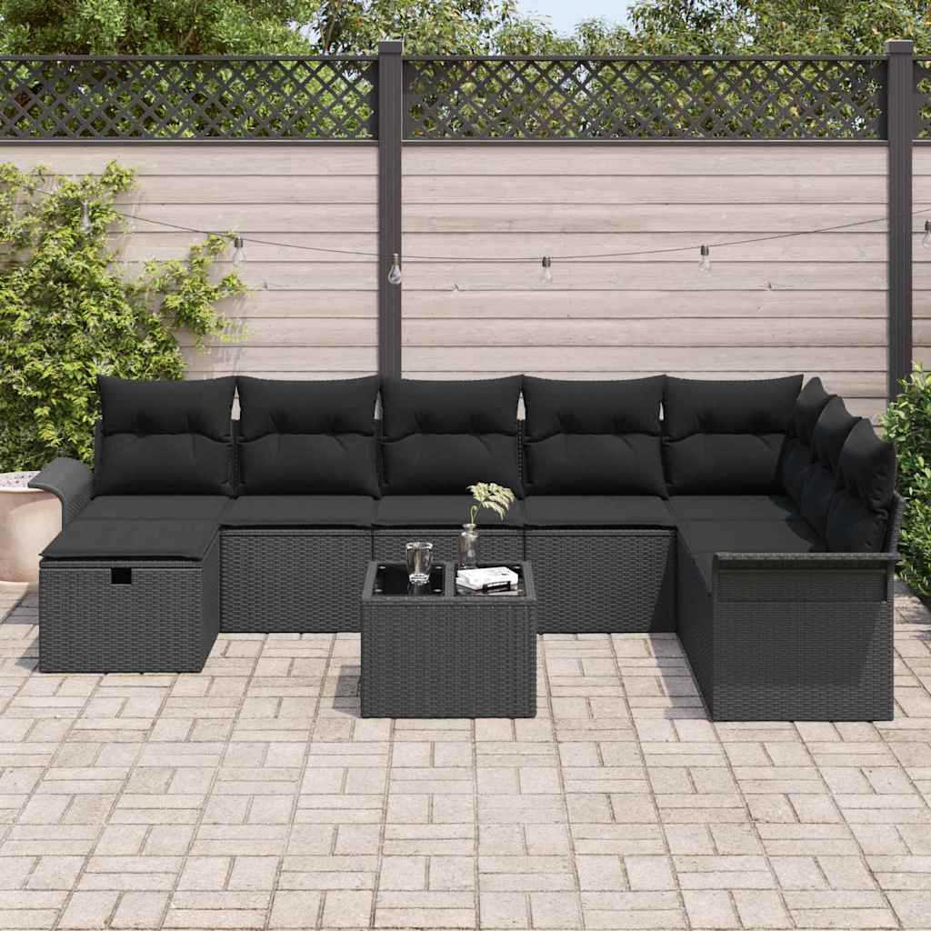 Garten-Sofa-Set mit Kissen 9 pcs Schwarz Poly Rattan