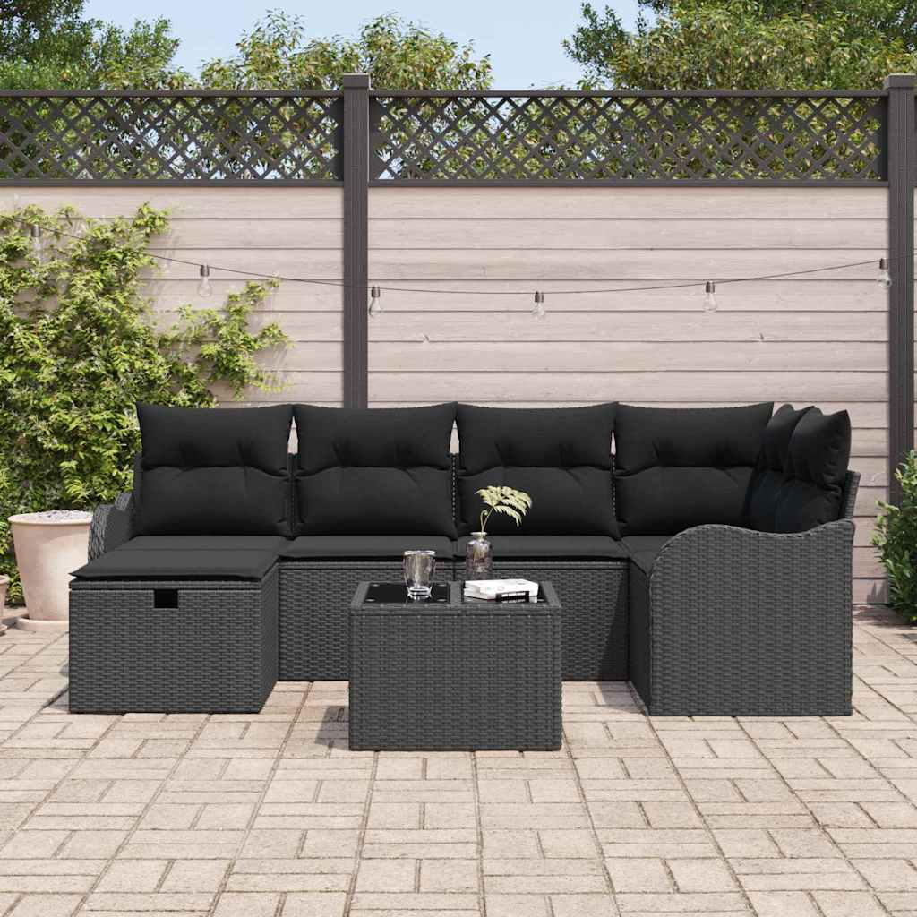 Garten-Sofa-Set mit Kissen 7 pcs Schwarz Poly Rattan