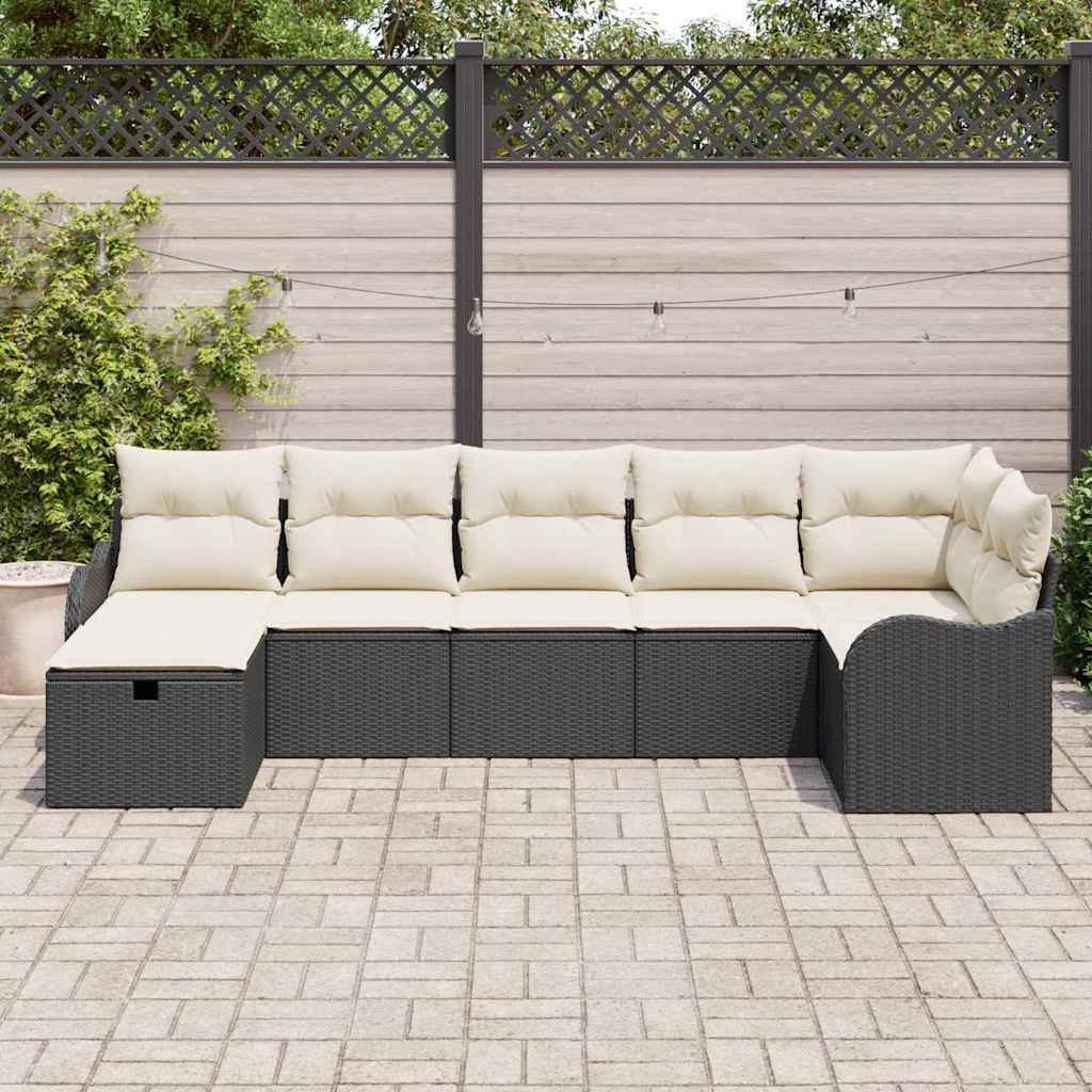 Garten-Sofa-Set mit Kissen 7 pcs Schwarz Poly Rattan