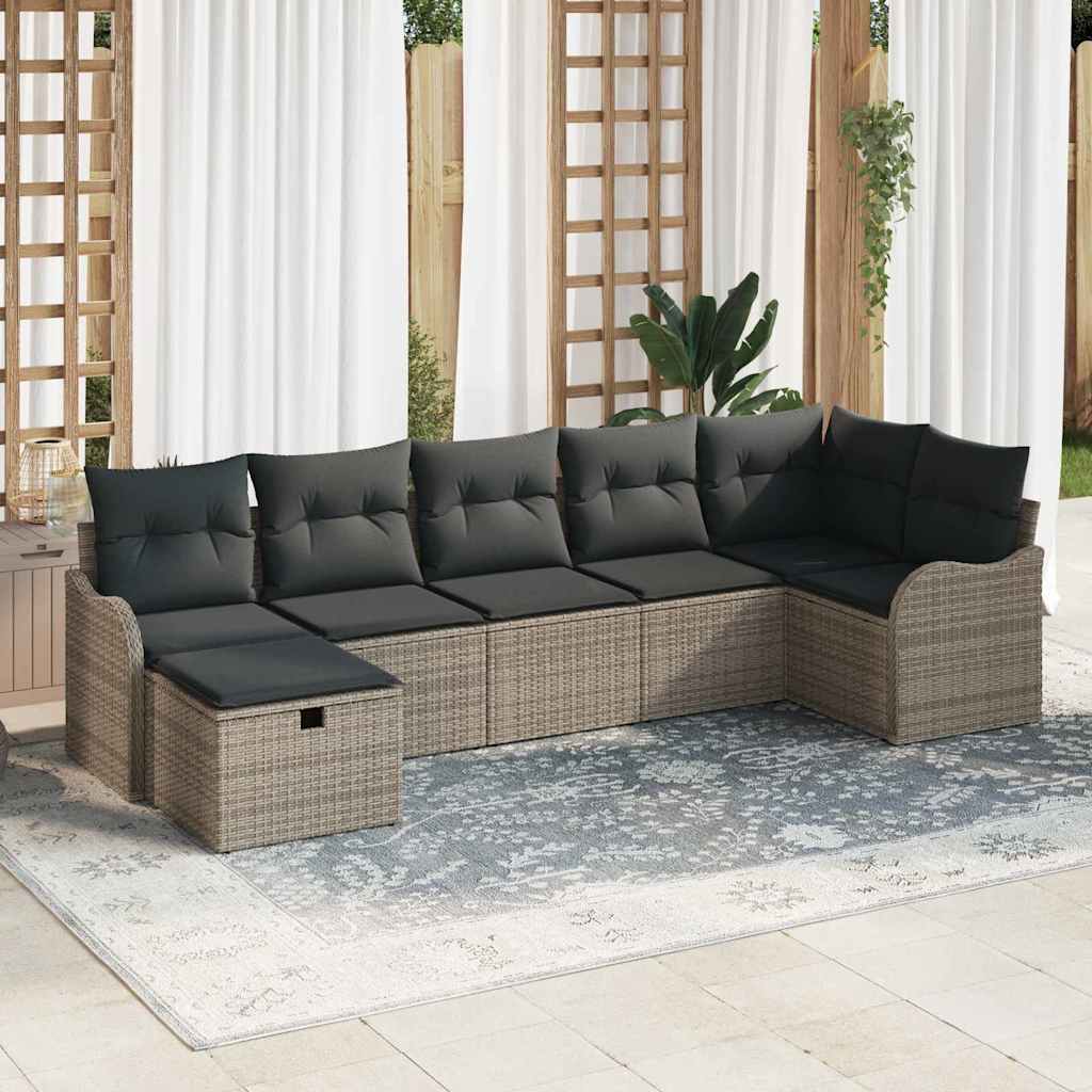 Garten-Sofa-Set mit Kissen mit Speicher 7 pcs Grau Poly Rattan