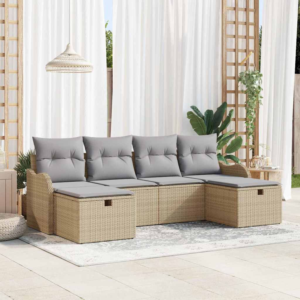 Gartensofa-set mit Kissen mit Speicher 6 pcs Beige Poly-Rattan