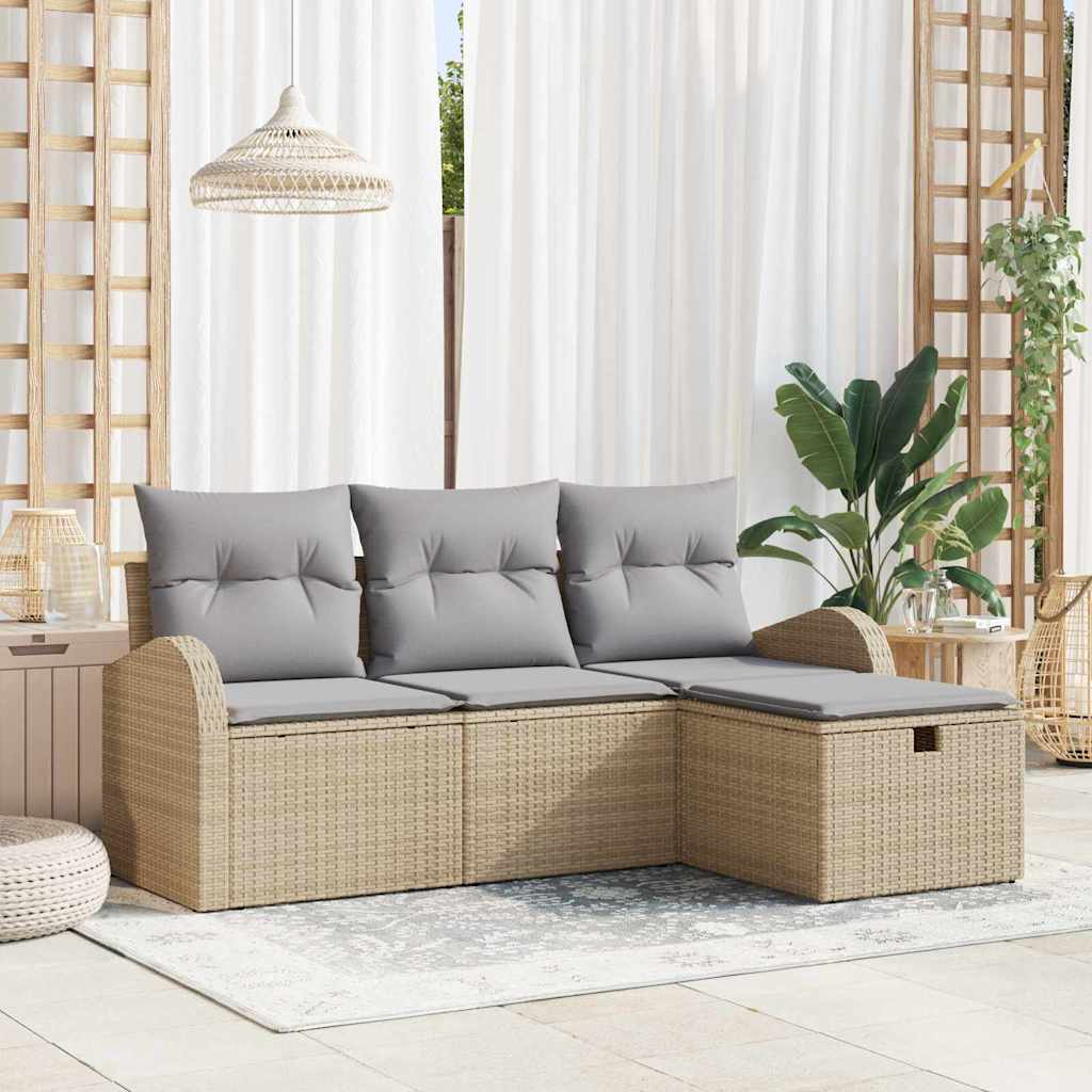Gartensofa-set mit Kissen mit Speicher 4 pcs Beige Poly-Rattan