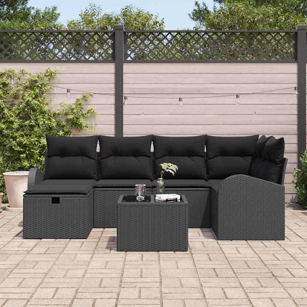 Garten-Sofa-Set mit Kissen 7 pcs Schwarz Poly Rattan