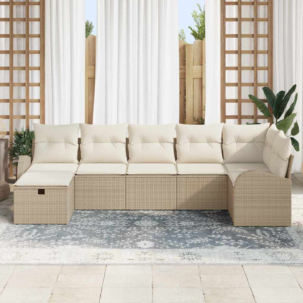 Gartensofa-set mit Kissen mit Speicher 7 pcs Beige Poly-Rattan
