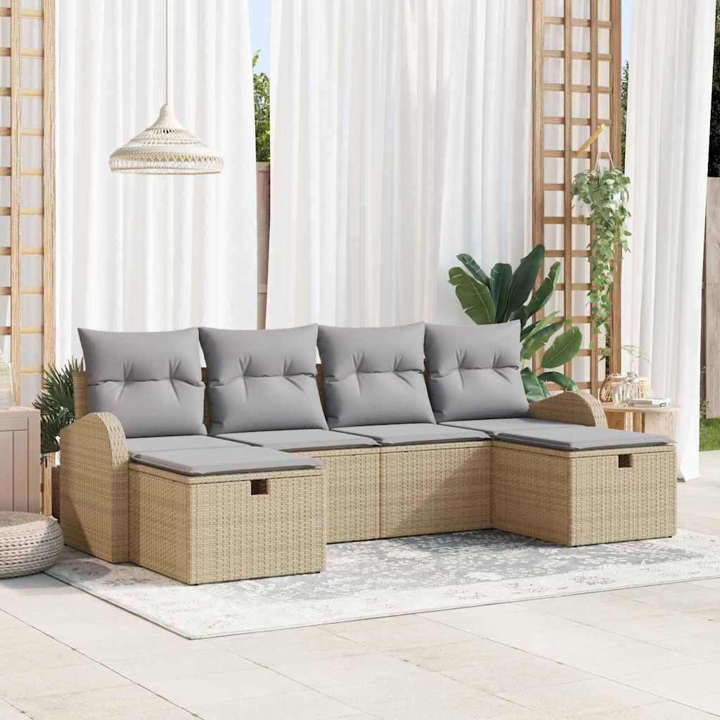 Gartensofa-set mit Kissen mit Speicher 6 pcs Beige Poly-Rattan