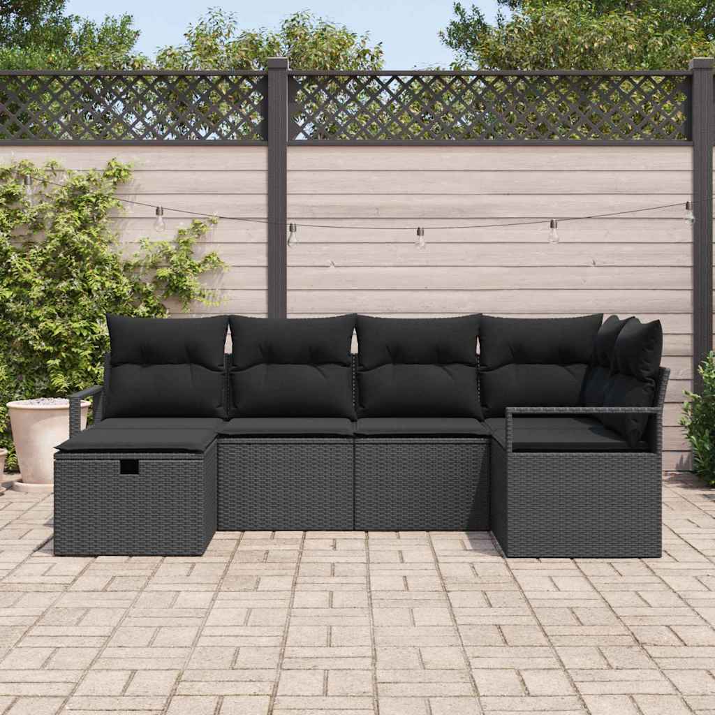 Gartensofa-set mit Kissen 6 pcs Schwarz Poly-Rattan