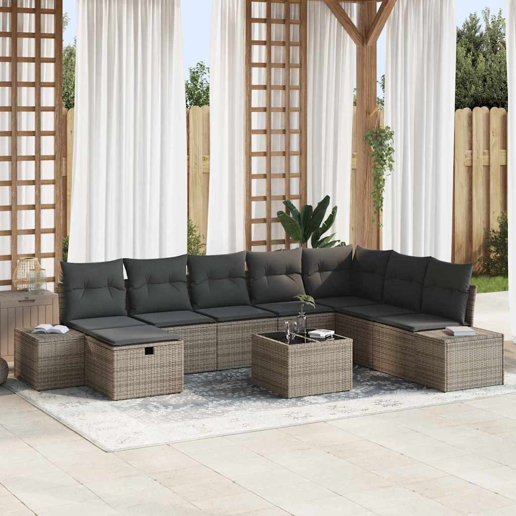 Garten-Sofa-Set mit Kissen 9 pcs Grau Poly Rattan