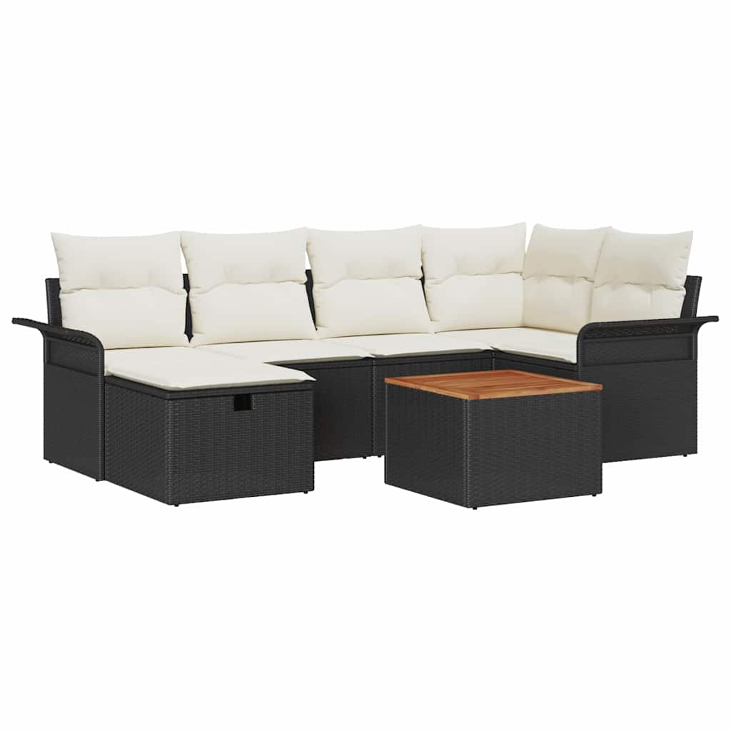 Gartensofa-set mit Kissen 7 pcs Schwarz Poly Rattan