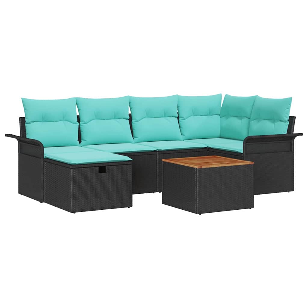 Gartensofa-set mit Kissen 7 pcs Schwarz Poly Rattan