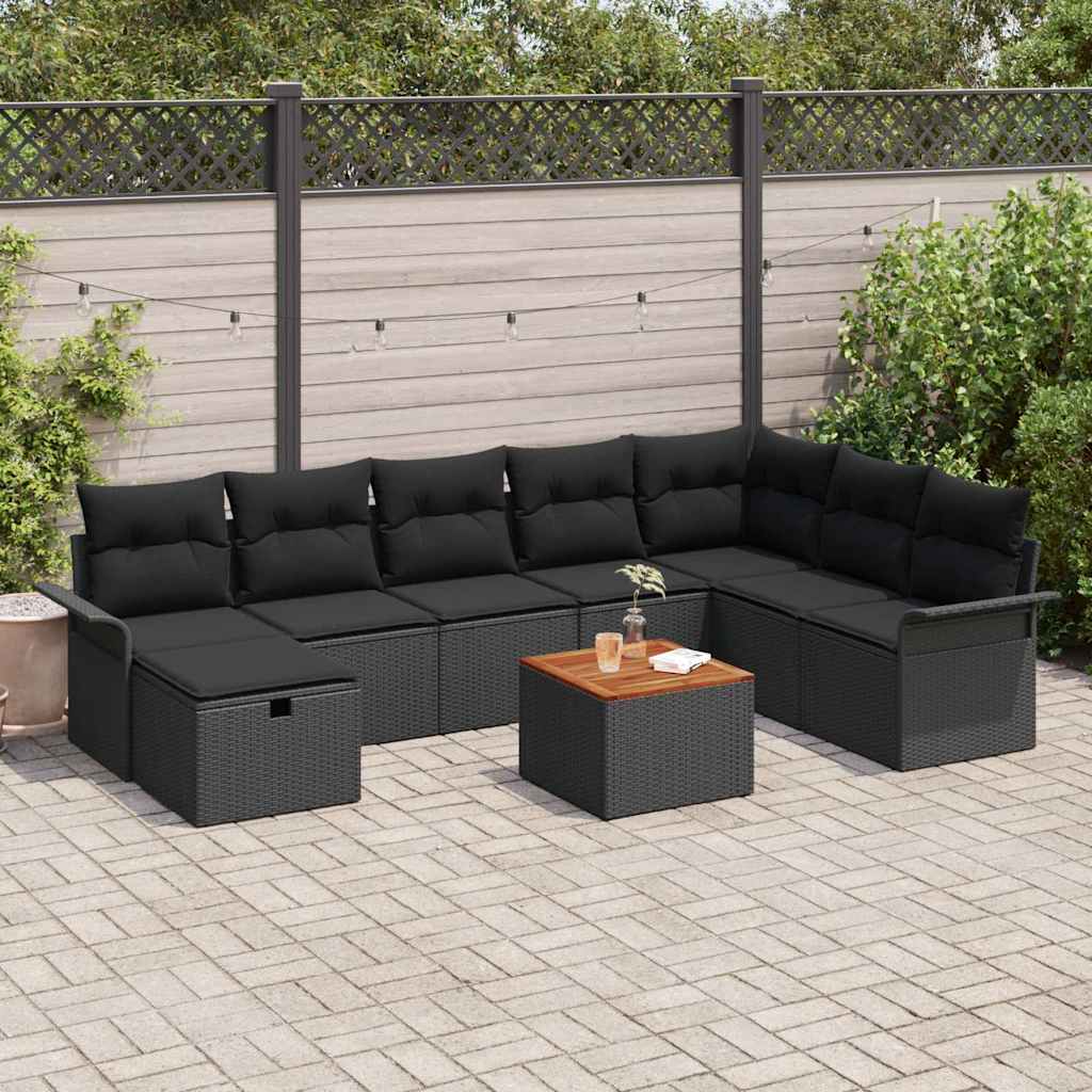 Gartensofa-set mit Kissen 9 pcs Schwarz Poly Rattan