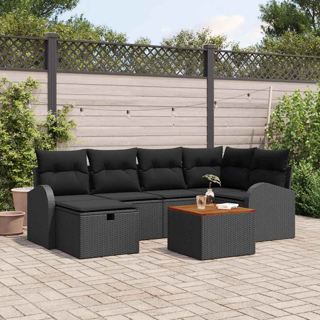 Gartensofa-set mit Kissen 7 pcs Schwarz Poly Rattan