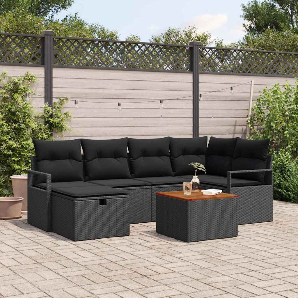 Garten-Sofa-Set mit Kissen 7 pcs Schwarz Poly Rattan