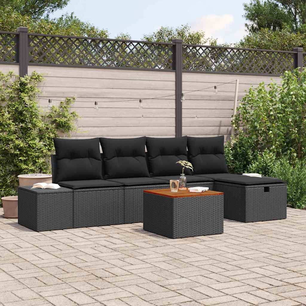 Gartensofa-set mit Kissen 6 pcs Schwarz Poly Rattan