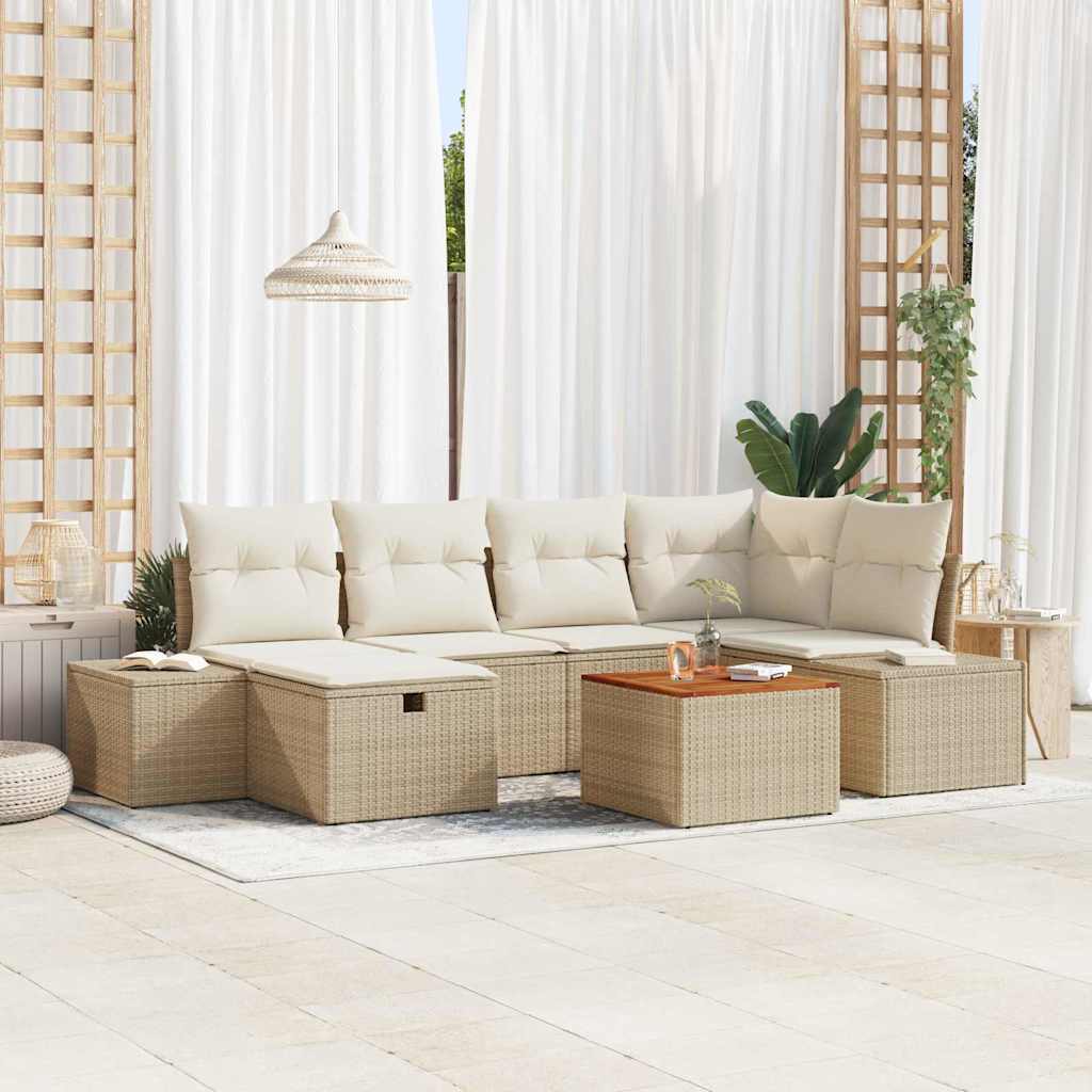 Gartensofa-set mit Kissen mit Speicher 7 pcs Beige Poly Rattan