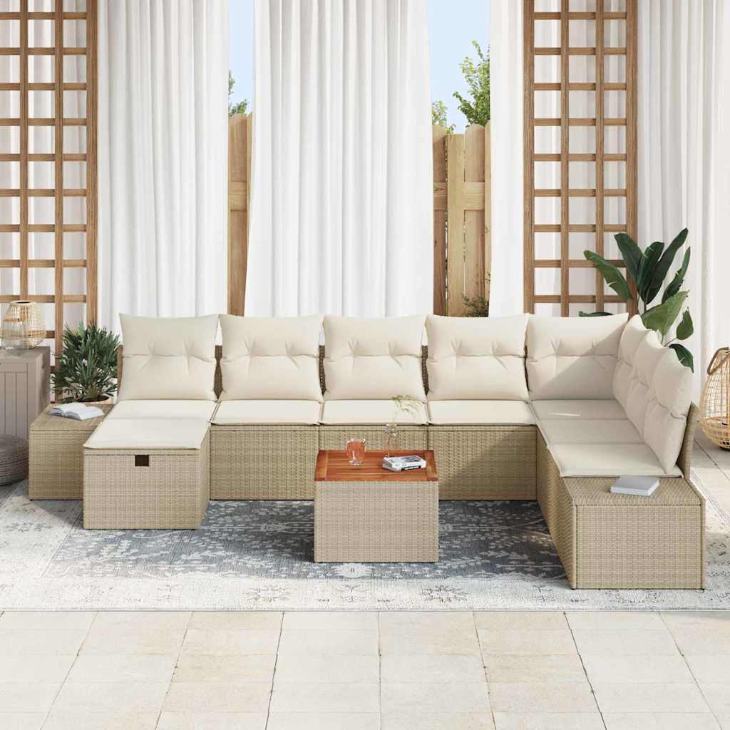 Gartensofa-set mit Kissen mit Speicher 9 pcs Beige Poly Rattan