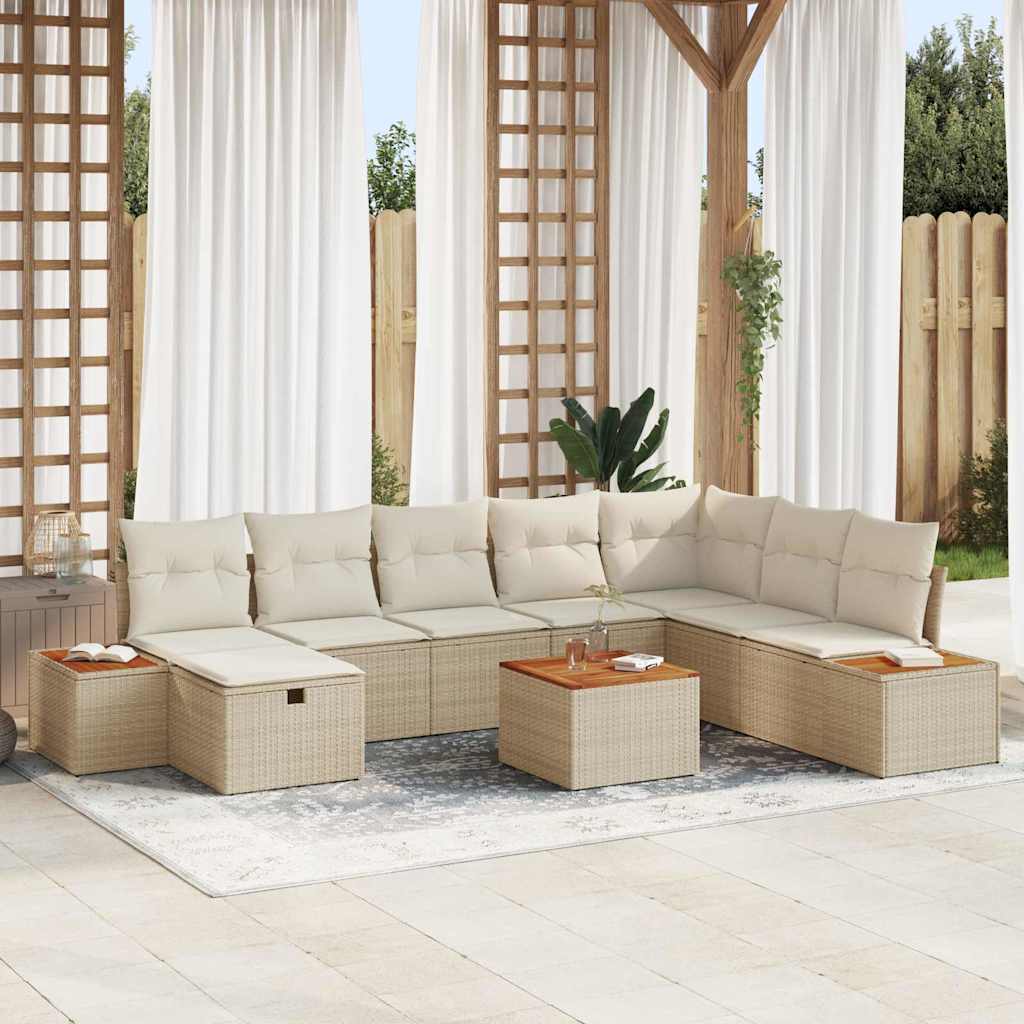 Gartensofa-set mit Kissen mit Speicher 9 pcs Beige Poly-Rattan