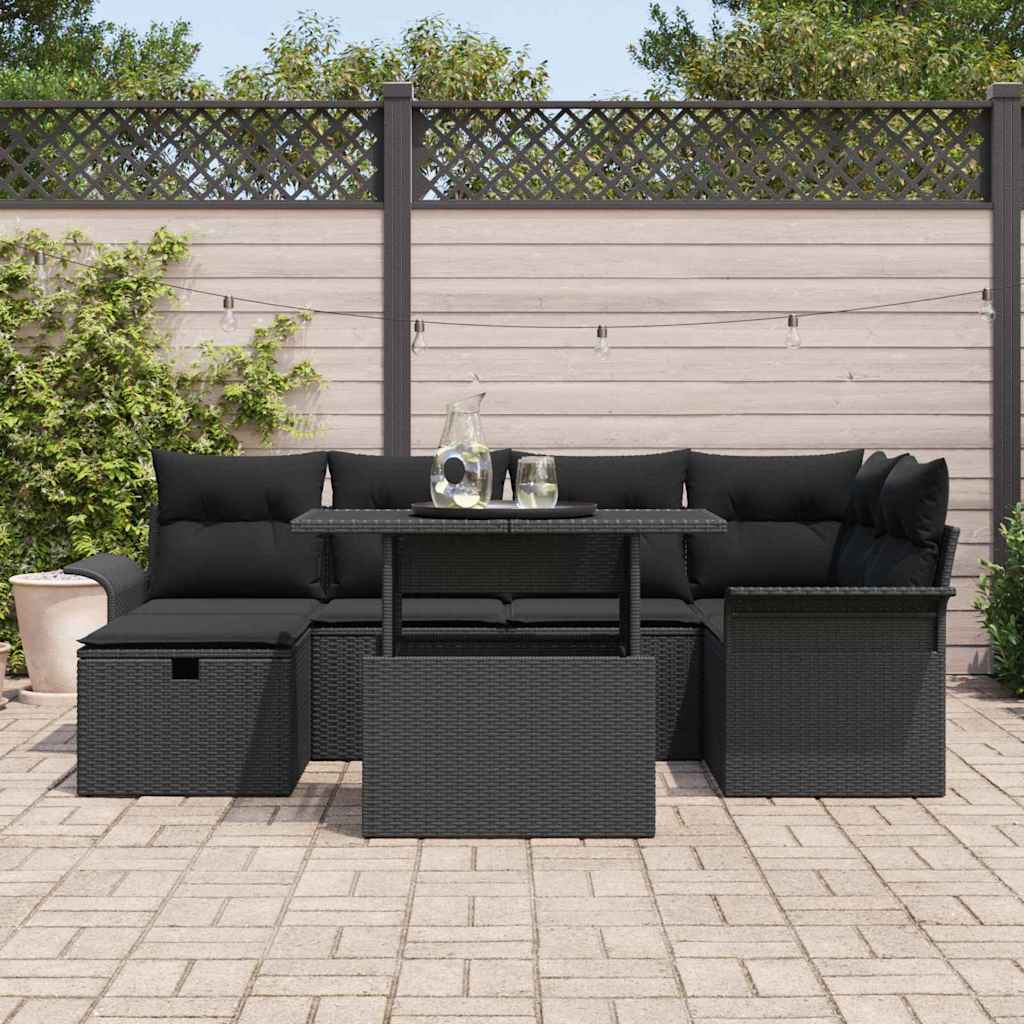 Garten-Sofa-Set mit Kissen 7 pcs Schwarz Poly Rattan