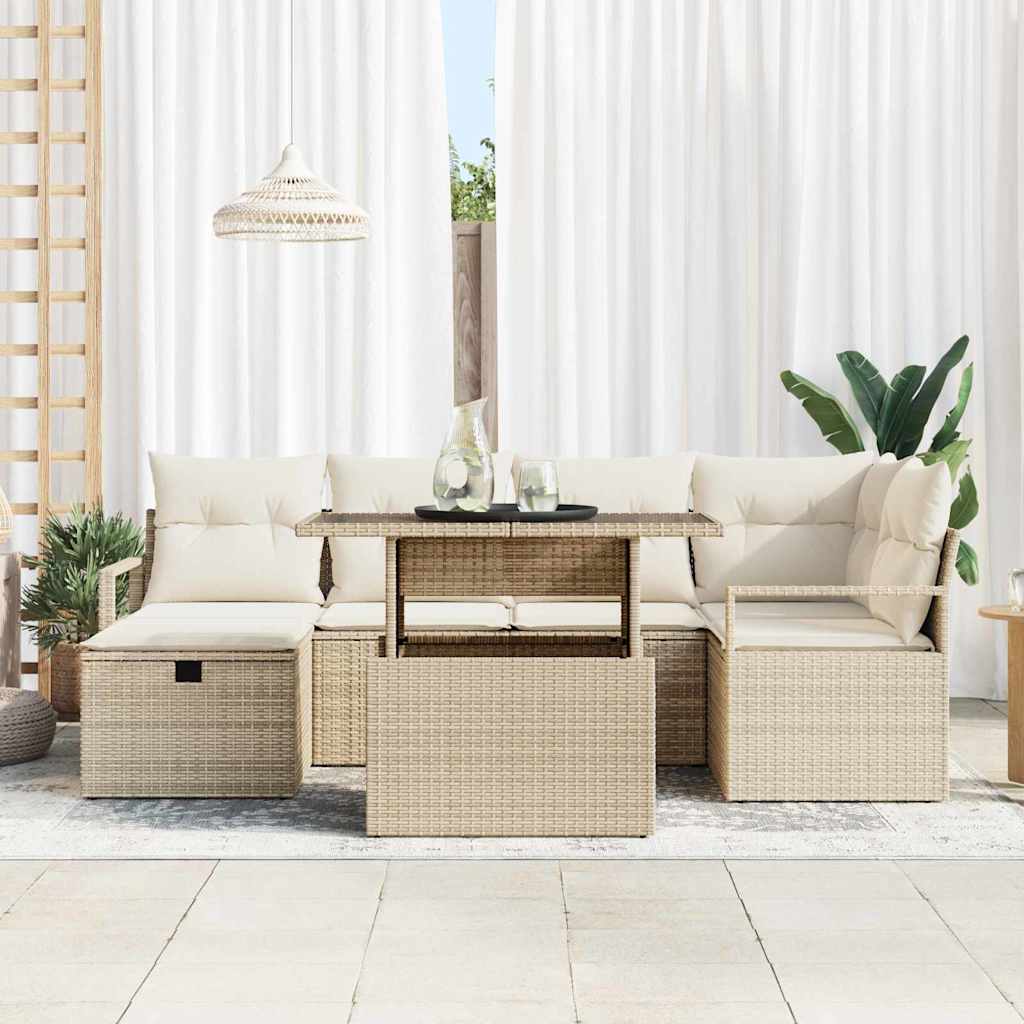 Garten-Sofa-Set mit Kissen mit Speicher 7 pcs Beige Poly Rattan