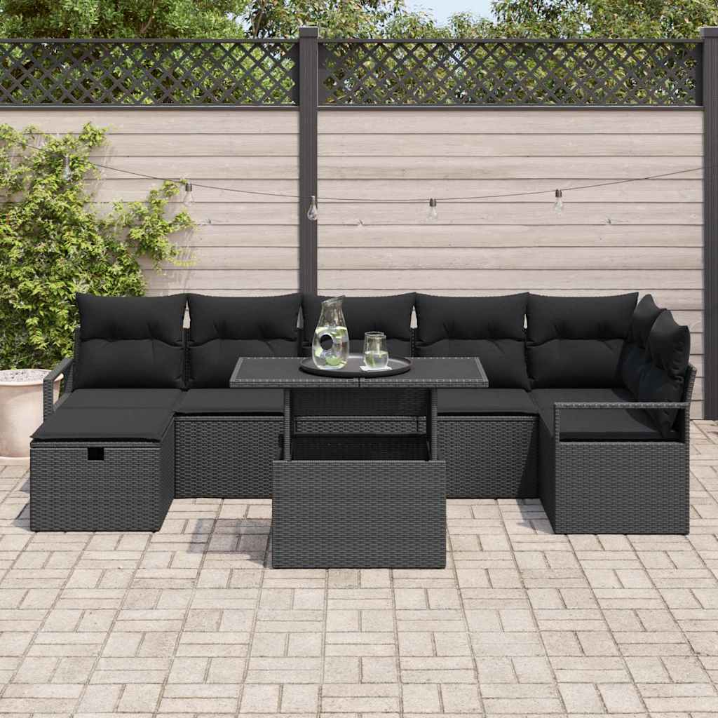Garten-Sofa-Set mit Kissen 8 pcs Schwarz Poly Rattan