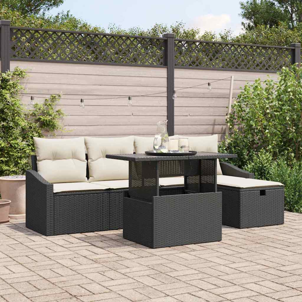 Gartensofa-set mit Kissen 6 pcs Schwarz Poly-Rattan
